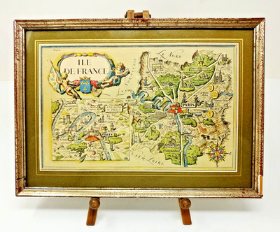 Vtg French Île-de-France Map Print Paris Framed Art Mid-Century Atelier Duval