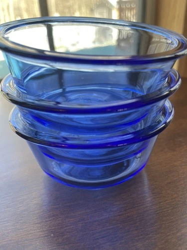 Vintage Anchor Hocking SET OF 3Glass Dish Bowl Cup OVAL 10 oz USA 1019 Blue