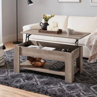 Gray Lift Top Coffee Table With Hidden Compartment And Open Shelf