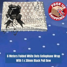 6M White Dots Clear Cellophane Wrap See Through Film Gift Paper + 30mm Black Bow