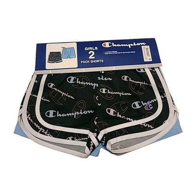 Champion Size 4 Girls 2 Pack Active Shorts Blue/Black Logo Print Athletic Sports