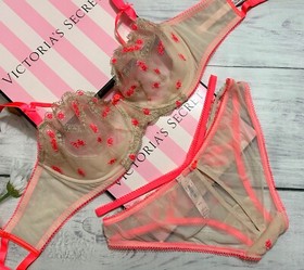 Victoria's Secret DREAM ANGELS Unlined Embroidery Bra Cheeky Set Coral Gold