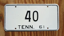 1961 TENNESSEE License Plate Low # 40 - Nice Quality Original