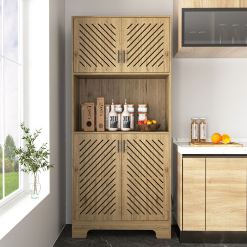 71" Kitchen Storage Cabinet Wooden Pantry Cupboard with Doors & Microwave Stand
