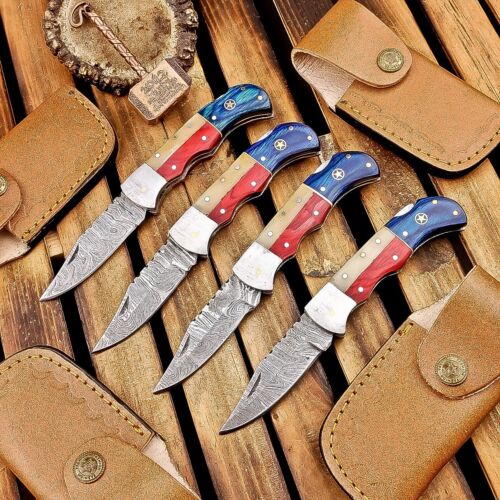LOT OF 4 PCS! HANDMADE DAMASCUS POCKET FOLDING KNIVES, POCKET KNIVES, SHEATH, 46