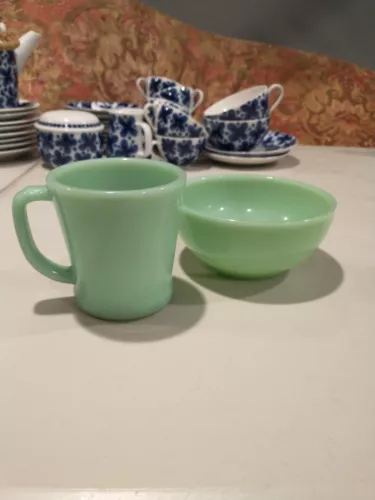 Vintage FIRE KING JADEITE Restaurant Ware Coffee Mug and 5" Bowl. Set of 2