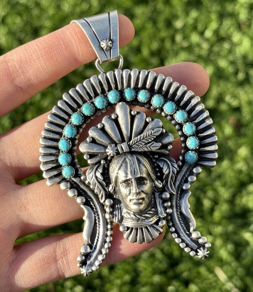 One Of The Finest Vintage Native American Navajo Turquoise Indian Head Sterling Silver Necklace One Of The Finest Vintage Native American Navajo Turquoise Indian Head Sterling Silver Necklace