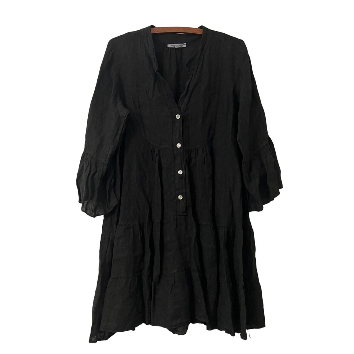 Tempo Paris Black Linen Ruffle Bell Sleeve Button Oversized Dress Womens Sz  M/L
