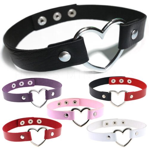 Leather Heart Choker Collar Punk Goth Adjustable Rivet Necklace Love O-Ring - 第 1/8 張圖片