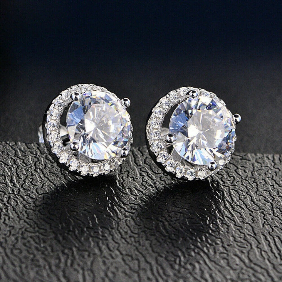 2CT Simulated Diamond Round Cut hallo stud Earrings in 14k White Gold Plated - Image 2 of 4
