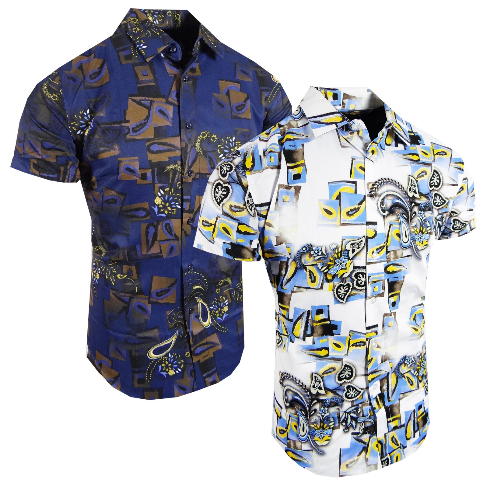 Short Sleeve Shirt Paisley Floral Mens Designer Prints Stretch Slim Fit Button