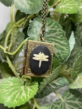 Dainty Dragonfly Cameo book Locket Antique gold pendant necklace photo Bronze