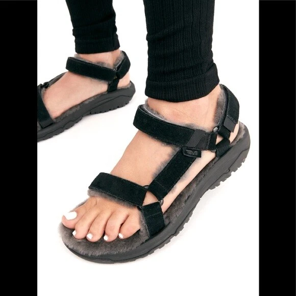 Teva Hurricane Leather Suede Sandals Shearling Lined Black Grey Mens Size US 10