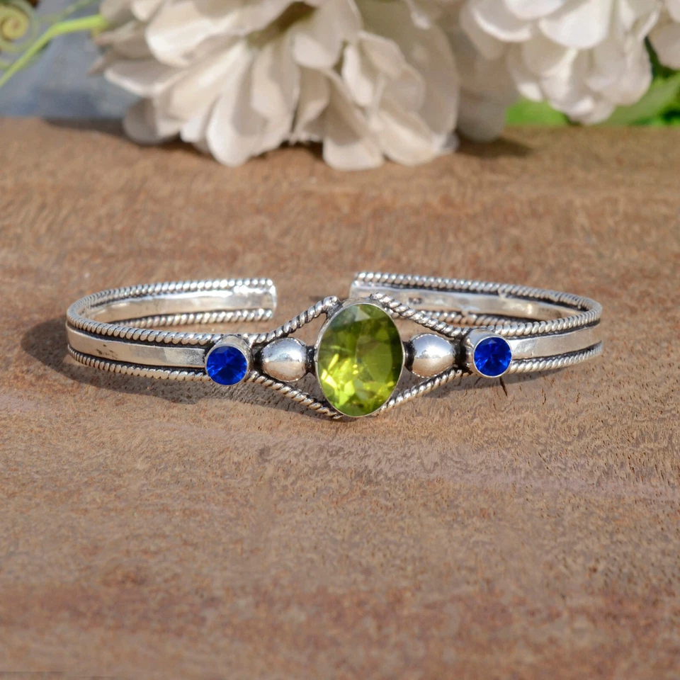 Faceted Peridot & Tanzanite Gemstone 925 Sterling Silver Bracelet Special Gift - Image 3 of 4