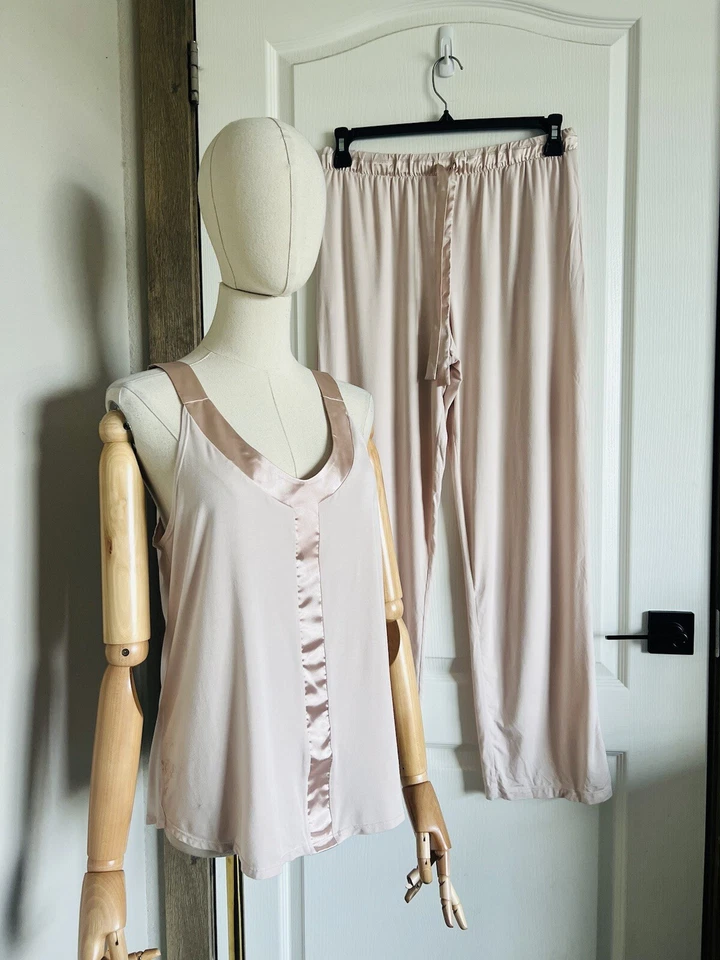 Fleur't Womens Pale Pink Satin Trim Sleep Pajama Pant Set Size Large EUC - Image 2 of 4