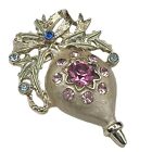 Ornament Brooch Gold Tone Pin Vintage Pink & Blue Rhinestone
