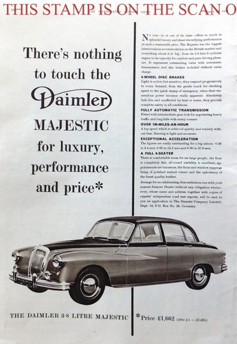 Daimler "Majestic" 3,8 Liter Limousine Motorwagen Anzeige: 1960 Printanzeige E15/L