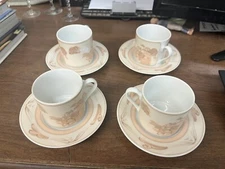 4 Georges Briard Chinese Village Cups and Saucers Peach & White Made in Japan