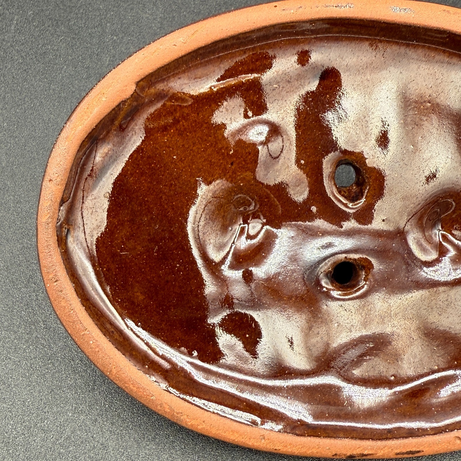 Vintage 3 Tone Pottery Oval Individual Casserole Small Baking Dish w/ Vented Lid