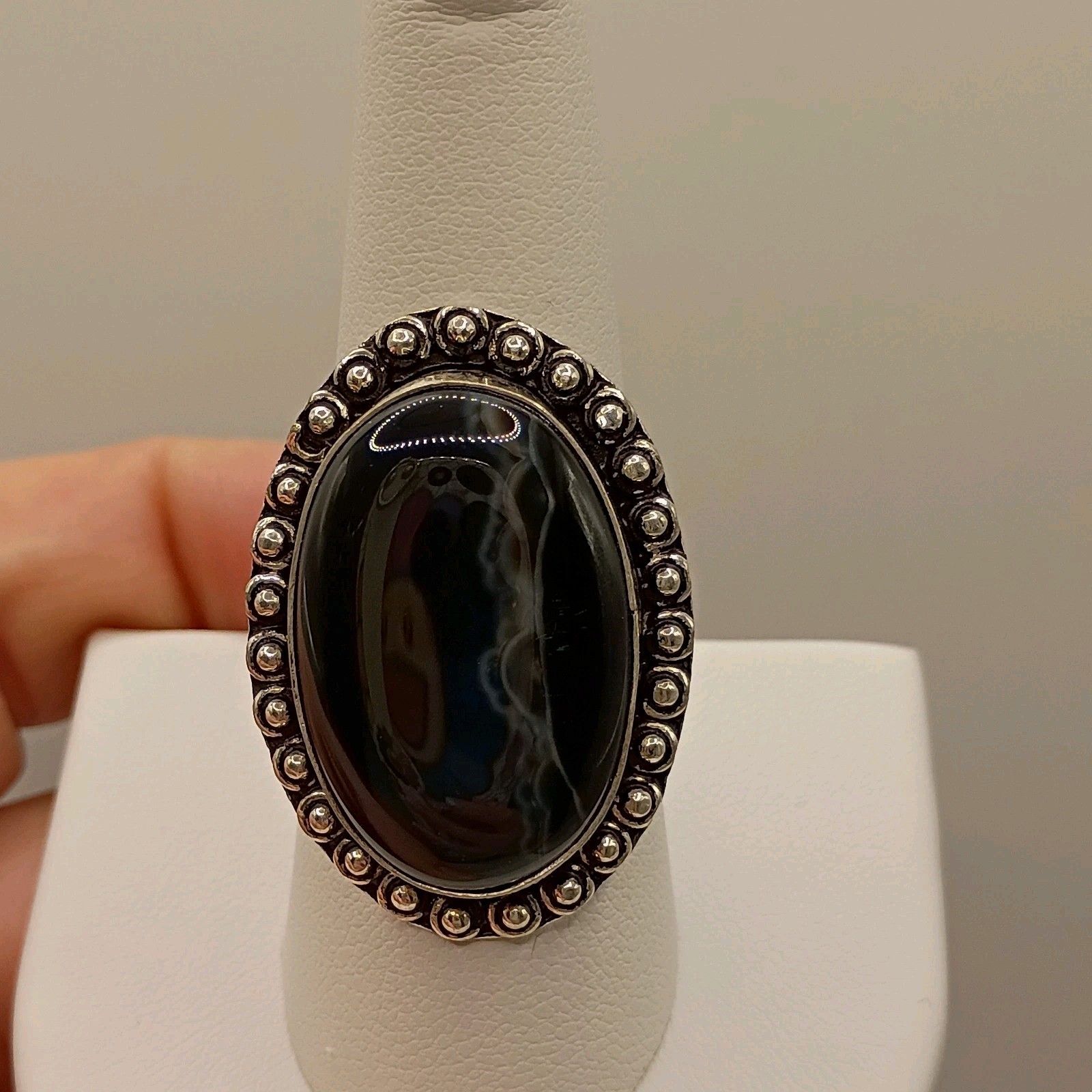 Oval Black Agate Statement Ring Sterling Silver V… - image 1