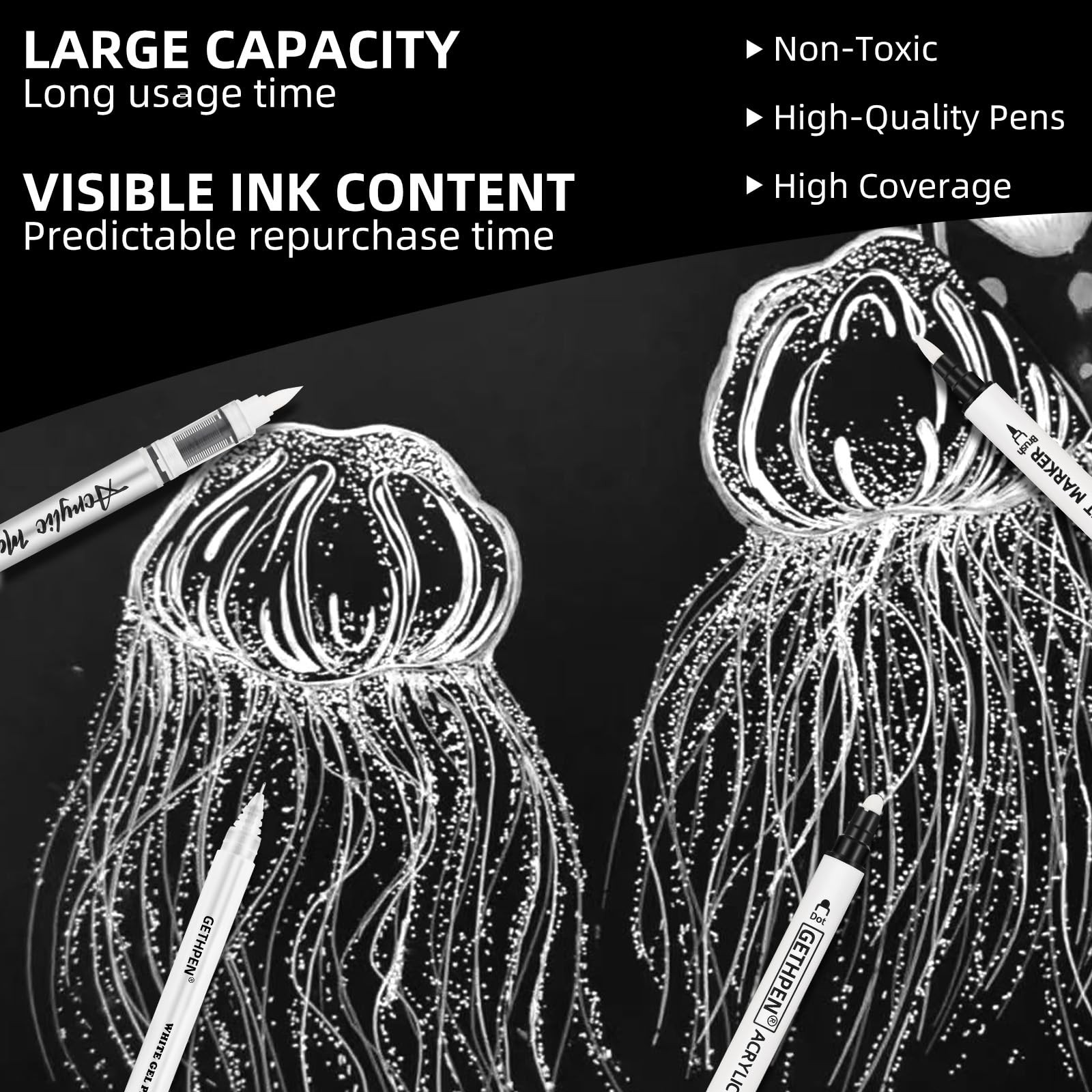 White Ink Pens, Fine Point Gel Pens, Brush Tip Acrylic Markers,white paint