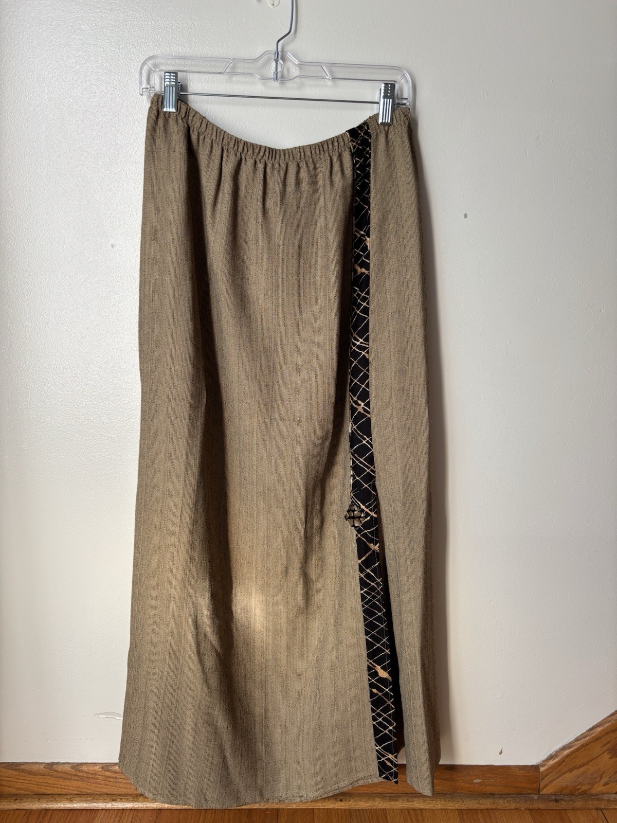 Vintage K.D. Spring Maxi Skirt XL Brown Tan Crinkle Boho Side Panel Lagenlook