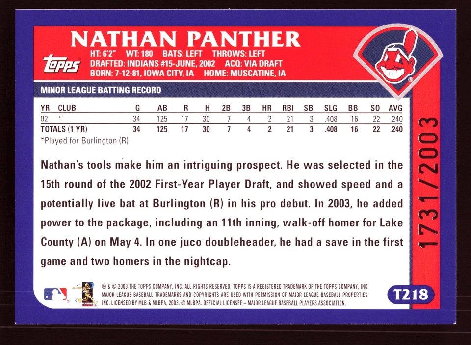 Nathan Panther Cleveland Indians 2003 Topps Traded Gold #T218 SN /2003 - Image 2 of 2