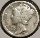 Silver Dime - Mercury - 1927 (Cleaned.  Series of dings L of Liberty.)