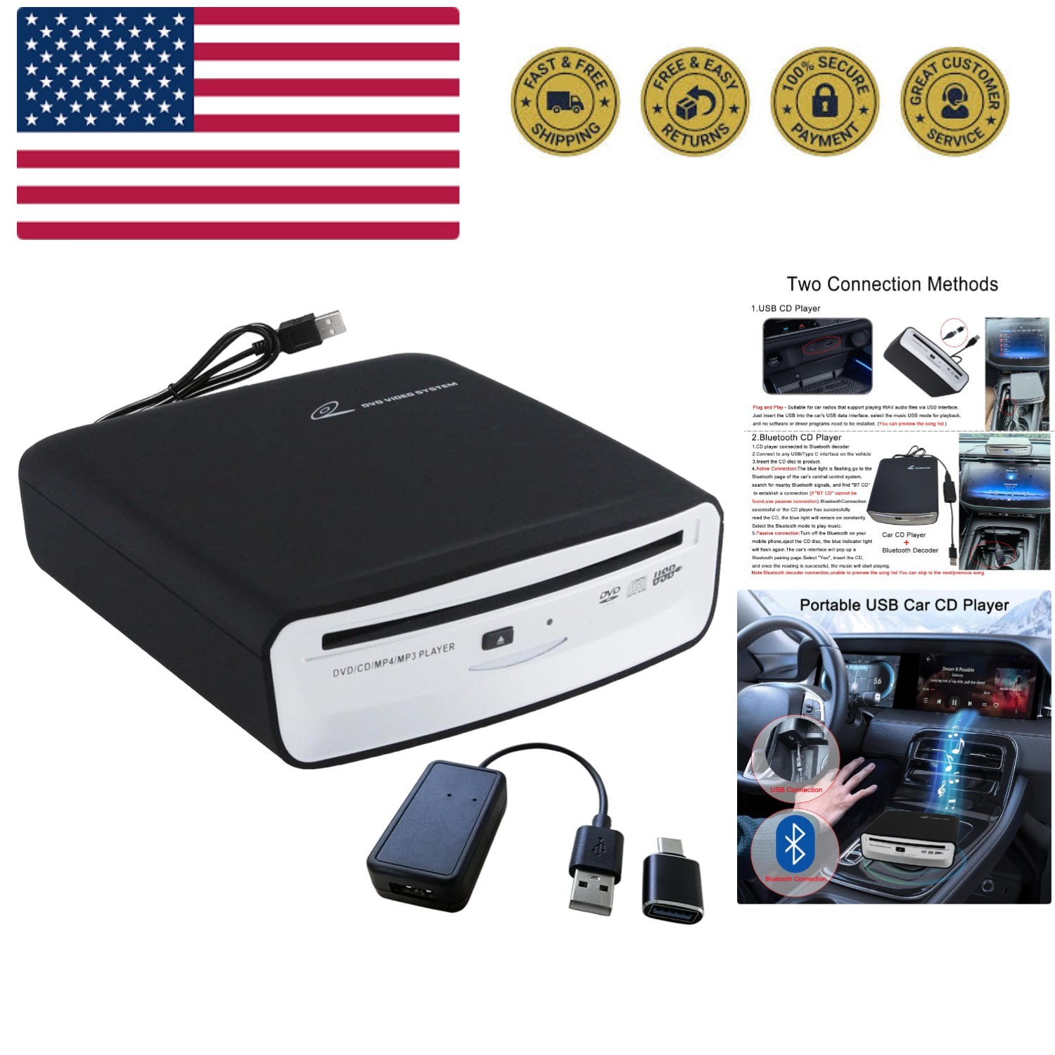 Portable for Car with Bluetooth and USB Connection,USB Exter