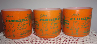 Federal Glass Florida Coffee Break orange milk glass mugs set of 3 vntg 70s VGUC