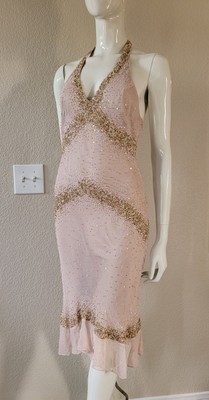 VTG PAPELL Boutique Evening Silk Beaded Holo Sequin Champaign Halter Dress  sz 6 | eBay