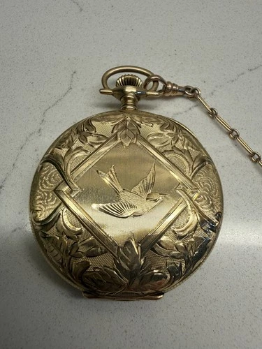 Antique Elgin Pocket Watch 14K Solid Gold Hunter Case – Bird Engraving