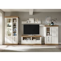 Wohnwand Weiß Mit Eiche Anbauwand Vitrinen-Schrank Lowboard Highboard Sideboard