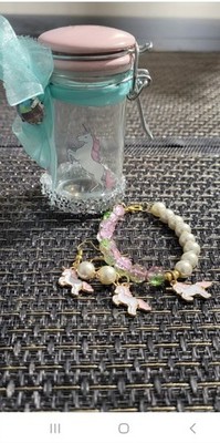 Handmade girls pink unicorn charmed bracelet and earring set pink