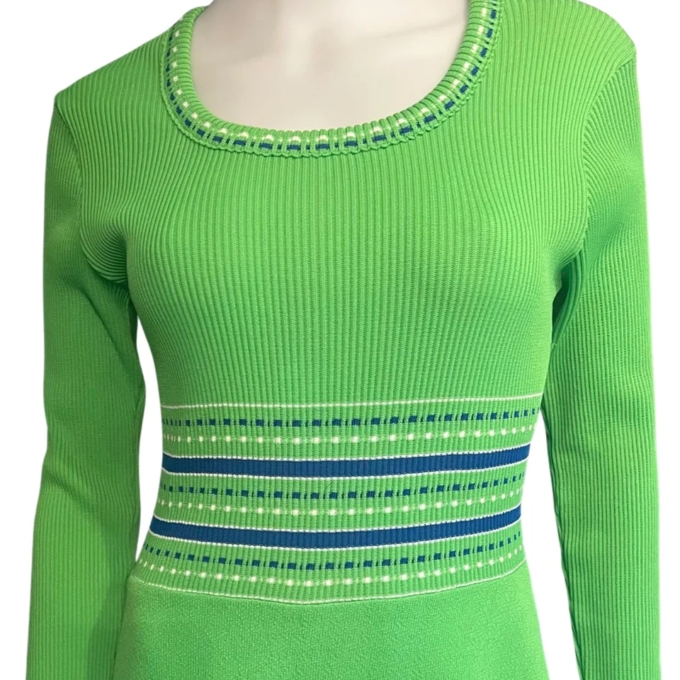 Vintage 1960s Lime Green Knit Maxi Dress Long Sleeves Scoop Neck Sz M - Image 3 of 4