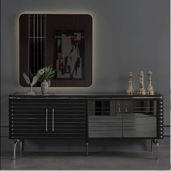 Stilvolle Esszimmer Garnitur Luxus Schwarzes Sideboard Spiegel HolzmöBel-image
