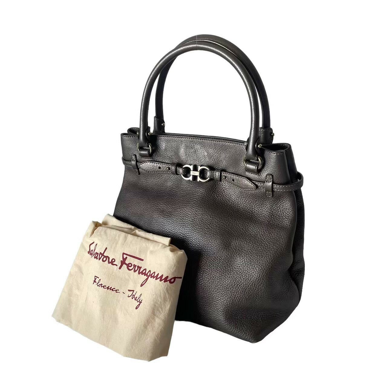 Salvatore Ferragamo Hand Bag Tote Purse Gancini Leather Brown Authentic