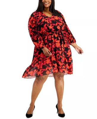 Calvin Klein Women's Size 3XPlus Floral print Faux Wrap V-Neck Ruffled Hem Dress