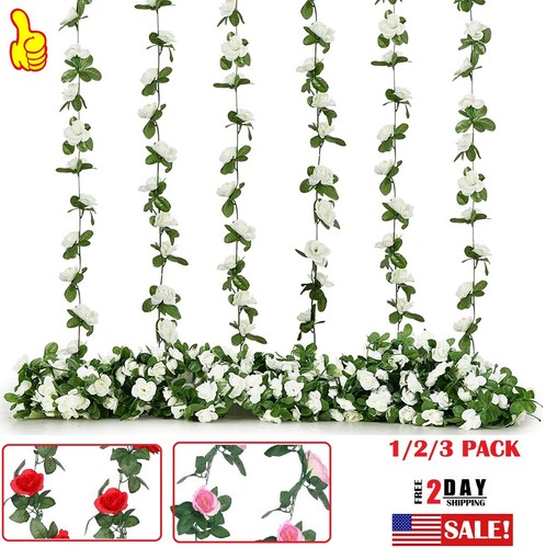 3× Fake Rose Vine Flowers Plants 7.5 Ft Artificial Hanging Ivy Home Party USA