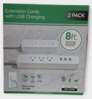 Jasco 2 Pack 8 Feet Extension Cords With 3 USB Charging Ports 1320066 