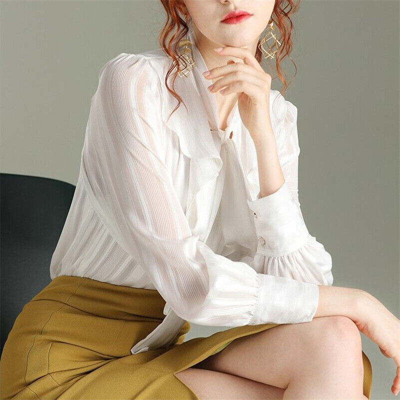 Women Shirt Chiffon Bow Tie Neck Ruffle Sweet Blouse Lantern Women Shirt Chiffon Bow Tie Neck Ruffle Sweet Blouse Lantern