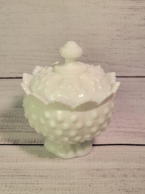 Vintage FENTON Condiment Bowl White Milk Glass Hobnail Jam Honey with Lid Footed