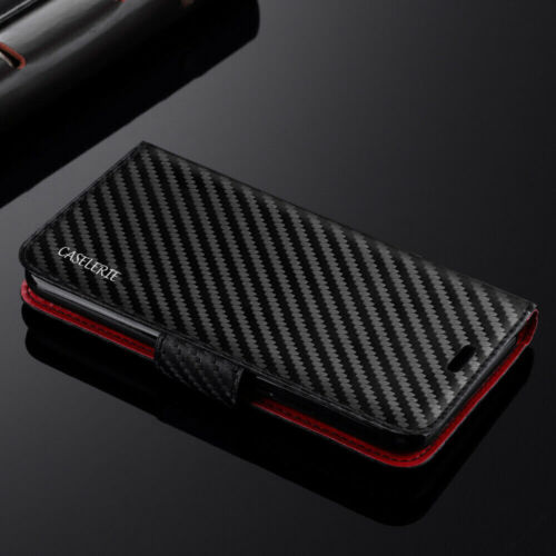For iPhone 14 Pro Max 13 12 11 8 7 X Carbon Fiber Flip Leather Wallet Case Cover - Picture 1 of 7