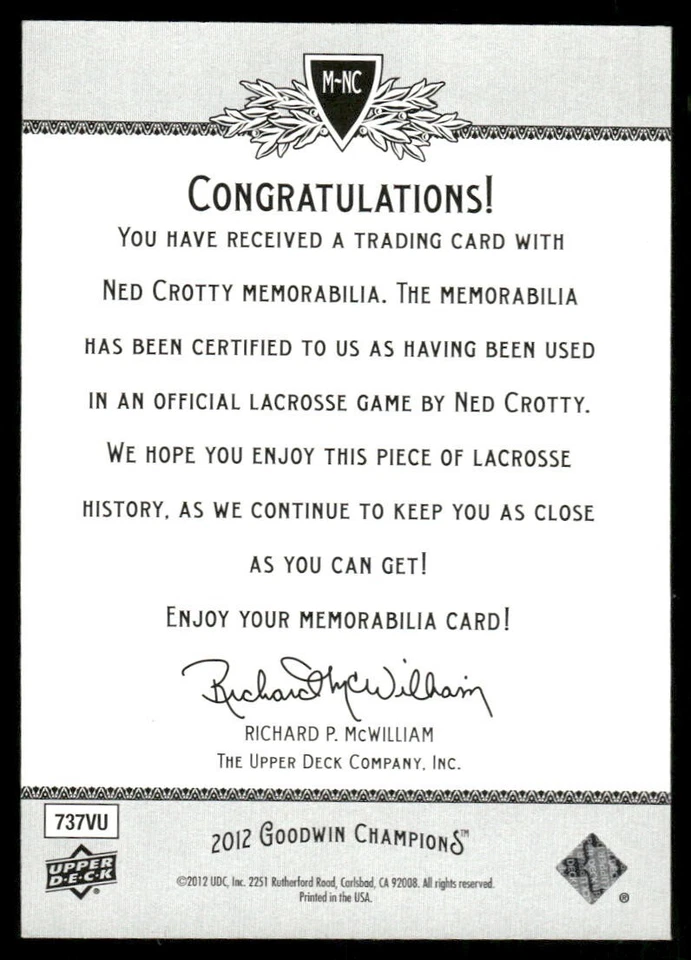 2012 UPPER DECK GOODWIN CHAMPIONS NED CROTTY AUTHENTIC RELIC LACROSSE#M-NC - Image 2 of 2