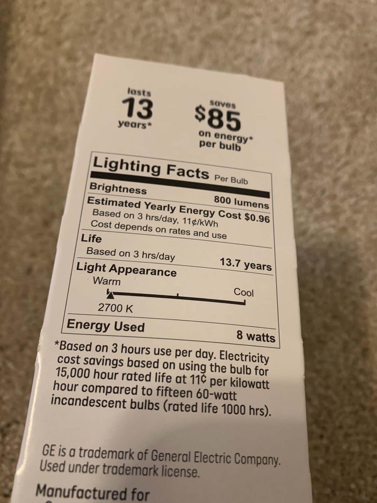 Case lot Of 100 LED GE Dimmable Light Bulbs NEW 60 Watt Equivalent Uses 8 Watts