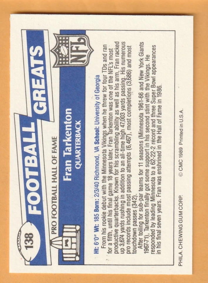 Fran Tarkenton Minnesota Vikings 1989 Swell Greats #138 Georgia Bulldogs 11C - Image 2 of 2