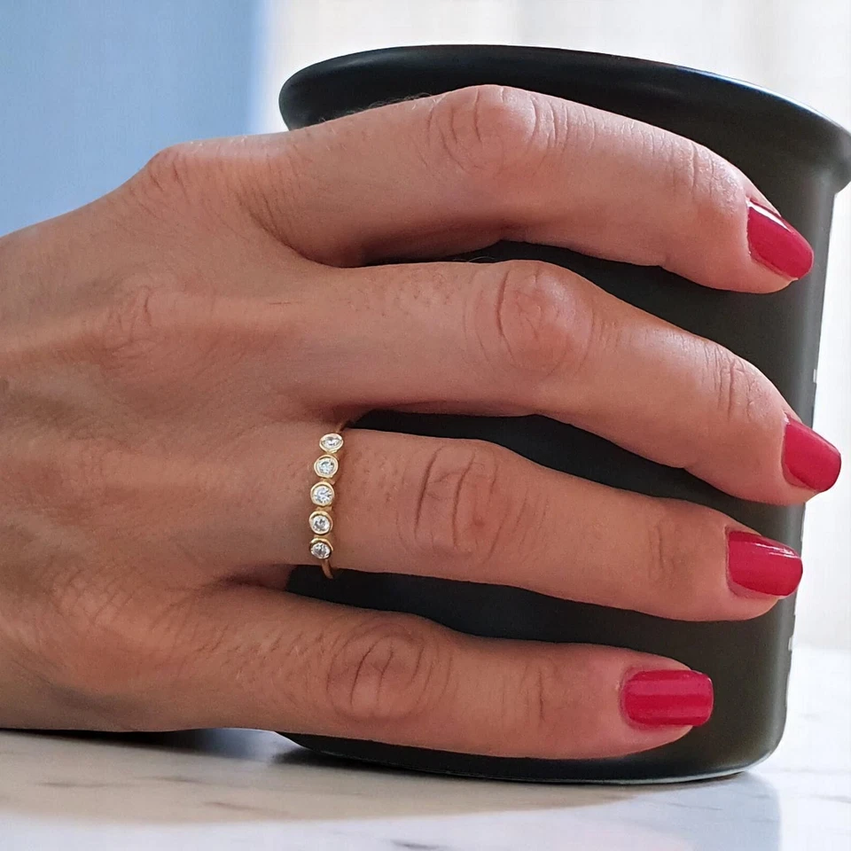 14k Solid Gold 5 Diamond Bezel Set Wedding Ring 5 Diamond Wedding Band - Image 3 of 3