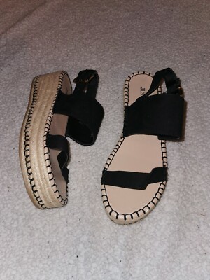 Damen UK4,5 Just Fab Doppelriemen Espadrille Flatforms Keilabsatz schwarz Wildleder
