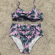 Pink Green Floral Twist Front Bandeau Bathing Suit Bikini Set Size Small New