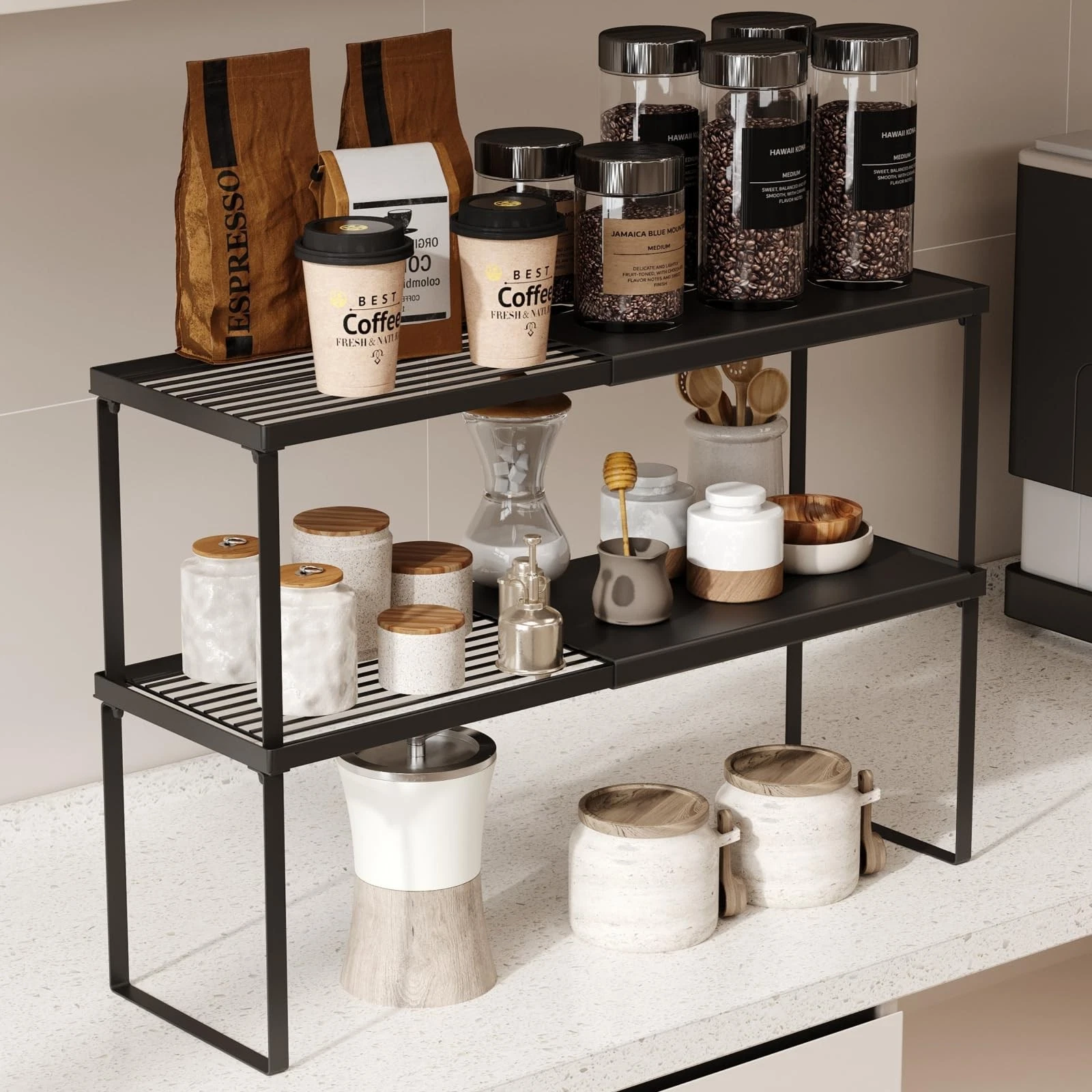 Magheo Expandable Cabinet Shelf Organizer 2 Pack Stackable Kitchen Counter Shelf